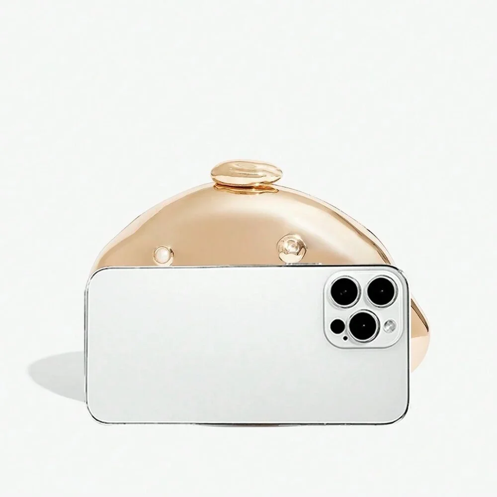 Gold Glamorous Women's Evening Crossbody Clutch Bag with Colored Stone Inlay
